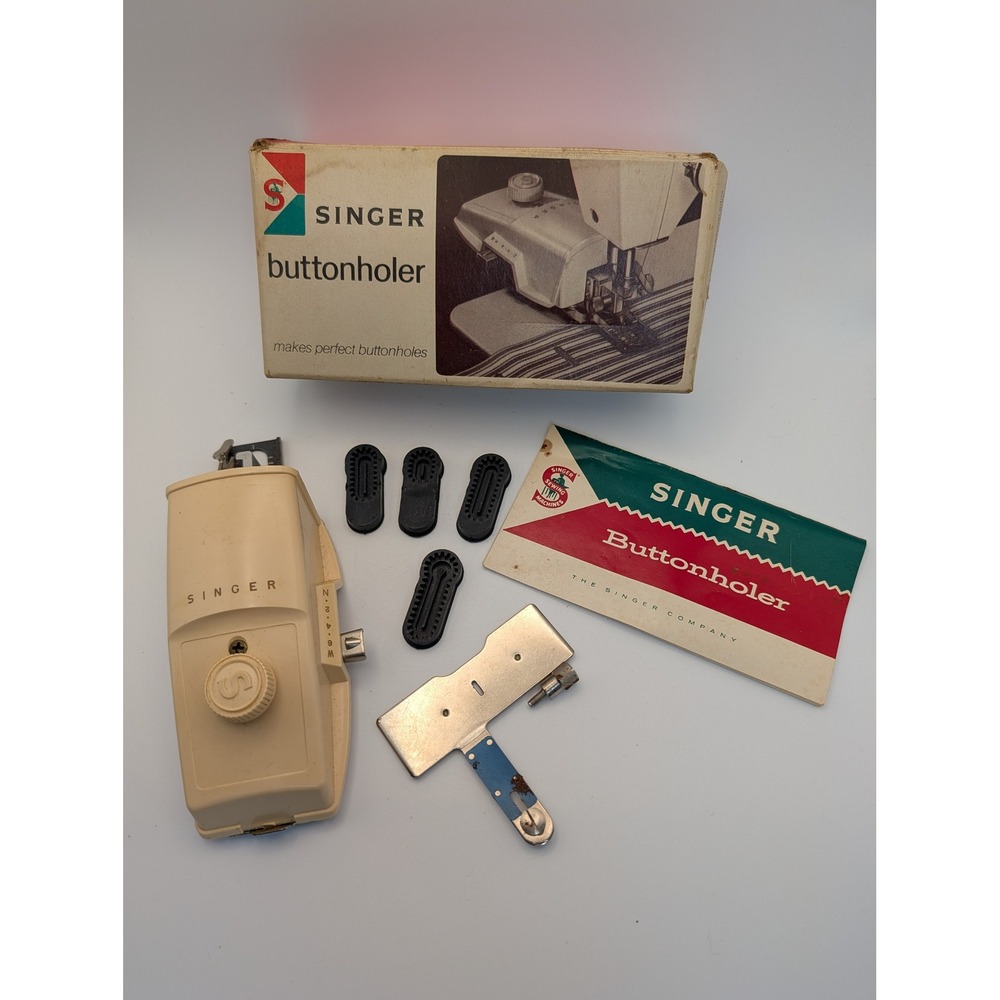 Singer Buttonholer Vintage Attachment Original Box Manual 5 Templates Cream